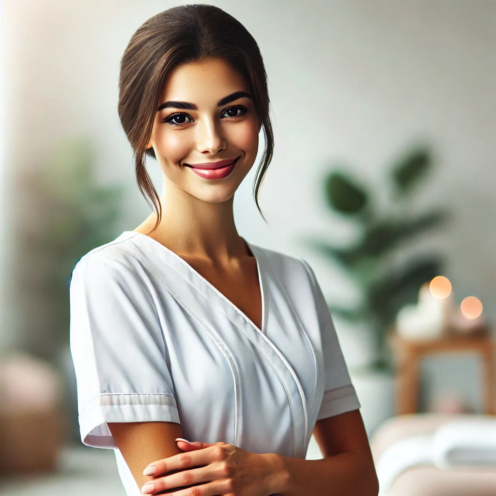 DALL·E 2025 02 10 12.58.38 A beautiful and friendly looking female massage therapist with medium dark skin dark hair and a warm smile standing in a serene spa environment. Sh Masajes Salou